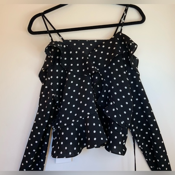 Polka Dot Cold Shoulder Black Chiffon Blouse - Picture 5 of 9